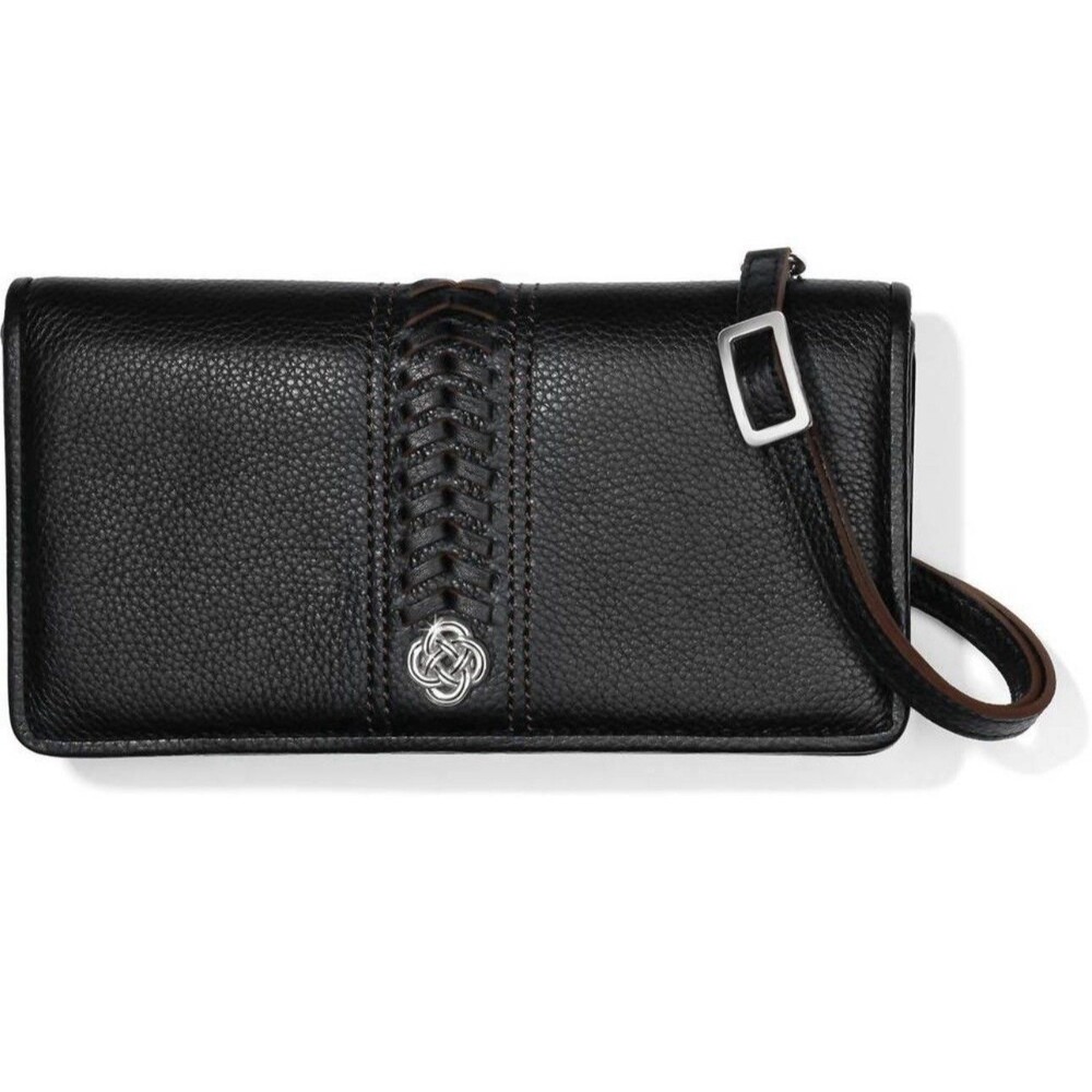Brighton $315 Women Leather Interlok Barbados Flap Wallet in Black Snap Closure